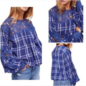 NWT Free People Darling Diana Top Blue Plaid